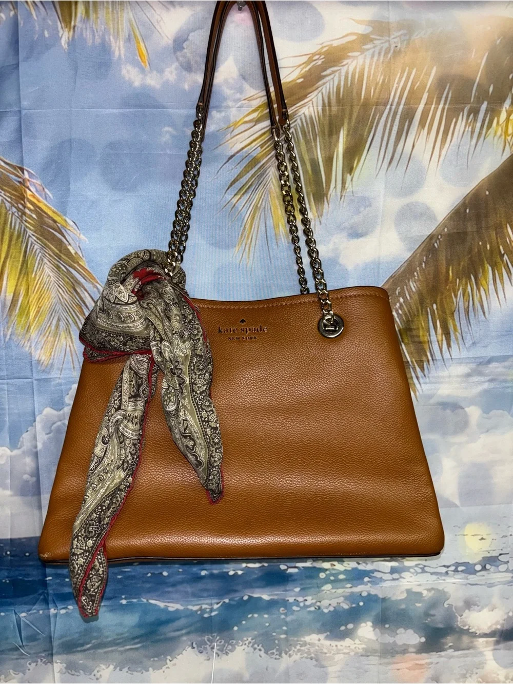kate spade Brown Pebbled Leather Shoulder Bag with Scarf Accent